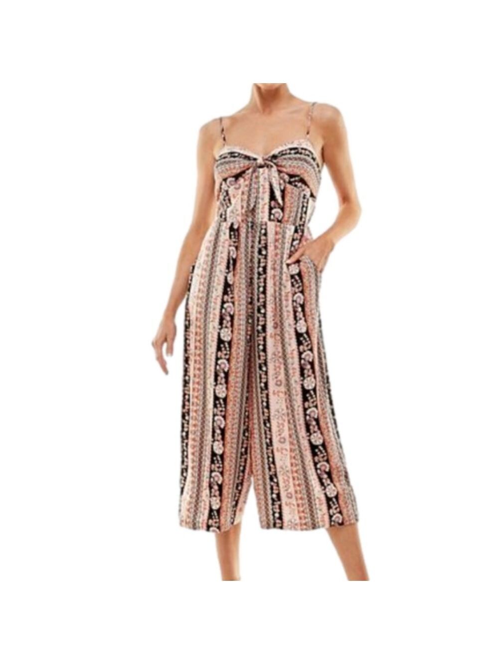 As U Wish Juniors' Knotted Front Molded Cup Cropped Jumpsuit.